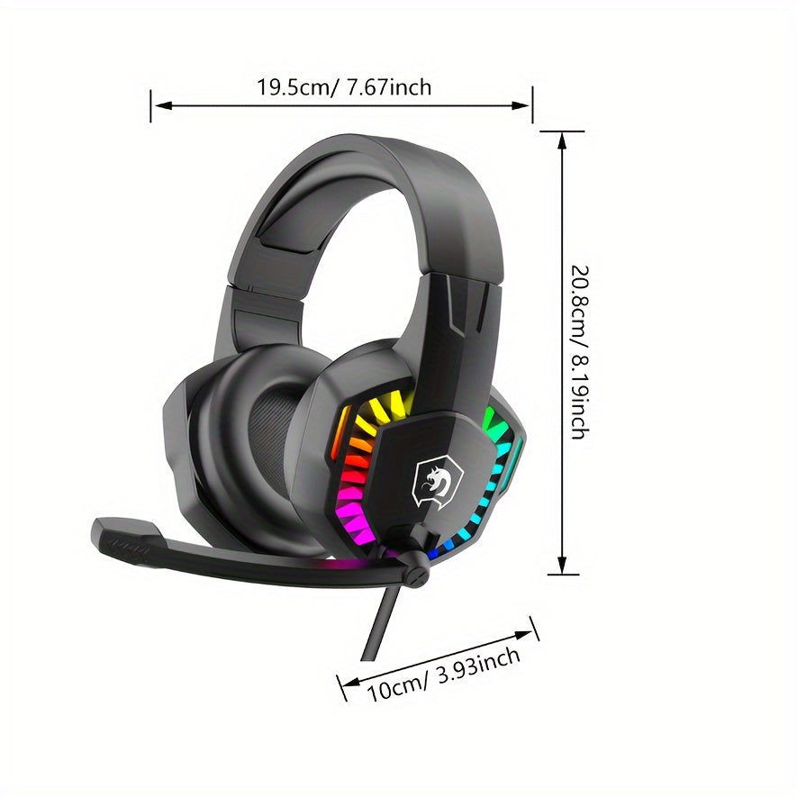 Gaming Headset with Noise-Canceling Mic and Breathable RGB Lights - Wired Over-Ear Headphones with Bass Surround for PS4, PS5, Xbox One, PC, Mac - Durable Plastic, Soft Memory Earmuffs, Button Control, Tangle-Free Cable, No Battery Required