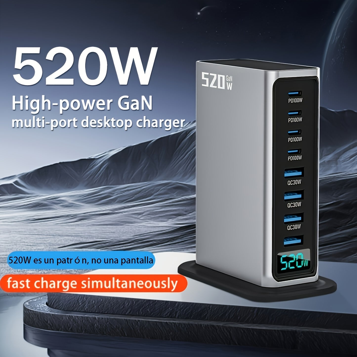 520W 8-Port GaN USB Charging Station with 2M Cable - Portable Fast Charger for MacBook Pro, iPad, iPhone 16/15/14, Samsung, and More - Travel Essentials (Silver)