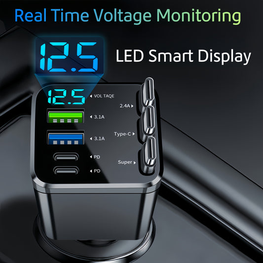 Multi-Port Car Charger with Super Fast Charging, 7 Ports Simultaneous Charging, Includes Three Extendable Cables, Adjustable Length, LED Digital Voltage Display, 180-Degree Angle Adjustment, Suitable for Phones, Tablets, USB+Type-C Compatible Devices, Da