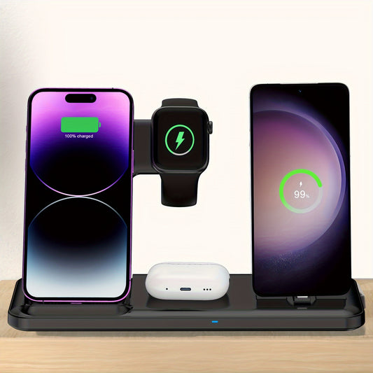 VCOTIK 4 in 1 Folding Wireless Charger Station, Fast Charging Dock Stand for Samsung Galaxy, iPhone 16/15/14/13/12/11/Pro/Max/Mini/XR/XS/X/8, iWatch 10/9/8/7/6/5/4/3/2/SE/SE2/Ultra/Ultra2, AirPods 2/3/Pro/Pro2 - USB Type-C, Wireless Charging, USB Powered
