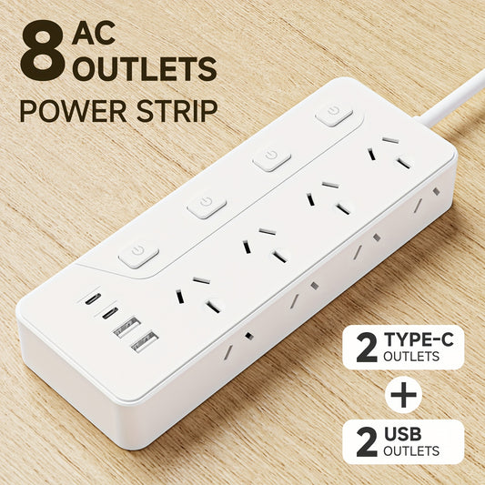 1 12-in-1 Australian Standard Multi Switch Power Strip, 8 AC Outlets with 2 USB Type-C, Extension Cord Desktop Charging Station, Suitable for Home, Office, Travel, Computer, White and Black