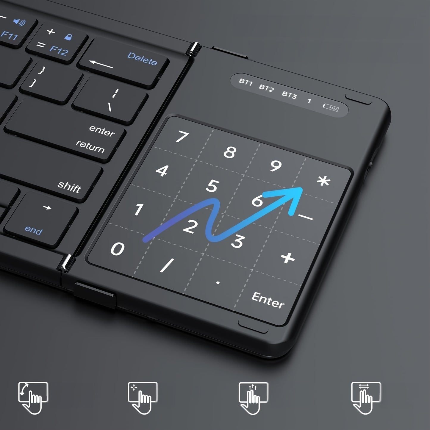 QUANFENG Wireless Folding Keyboard with Touchpad and Numeric Keypad, Portable Rechargeable 2.4G+BT5.1 Support, Multi-Device Co-Connection, Pocket-Sized, Ideal for Travel, Work, Compatible with iOS, Android, Windows, Mobile Phones, Tablets, Laptops, Deskt