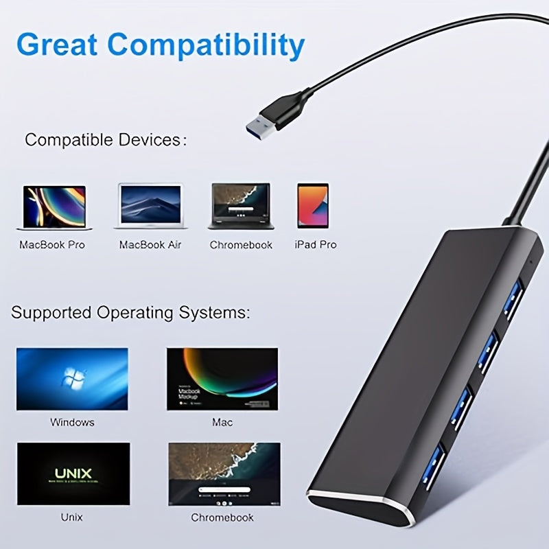 USB3.0 4-Port Hub, Plug and Play, Lightning Fast Speed for MacBook, Mac Pro/Mini, iMac, XPS, Surface Pro, PC, USB Flash Drives, Hard Drive, etc