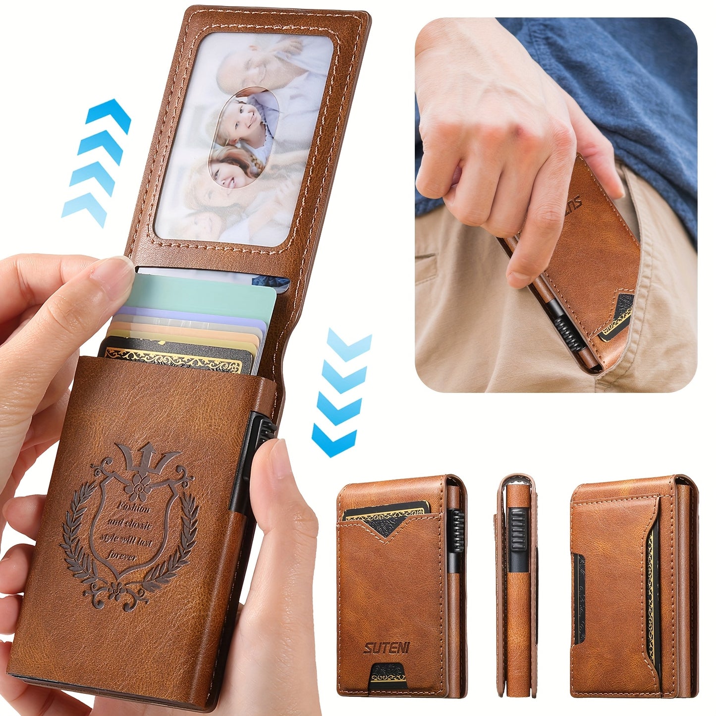 SUTENI Automatic Eject Flip Wallet - Brown Faux Leather with Card Holder, Oil Wax Pattern Design, Perfect Holiday Gift for Men, Relatives, Friends & Elders, Business Style, Automatic Eject Wallet | Elegant Wallet | Durable Wallet, Wallet
