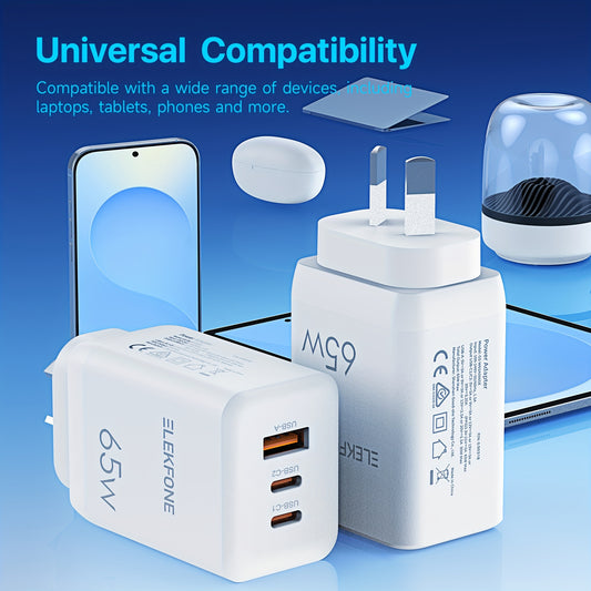 65W Fast Wall Charger for Laptops, Phones, Tablets, Dual USB-C & USB-A, PD & QC 3.0, Multi-Device Compatibility, Compact & Safe Design
