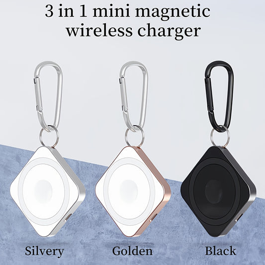 Mini 3-in-1 magnetic wireless charger with dual interface design, supporting 15W wireless fast charging. It is suitable for charging mobile phones, smartwatches, wireless earphones and other devices. It supports charging for devices with wireless chargin