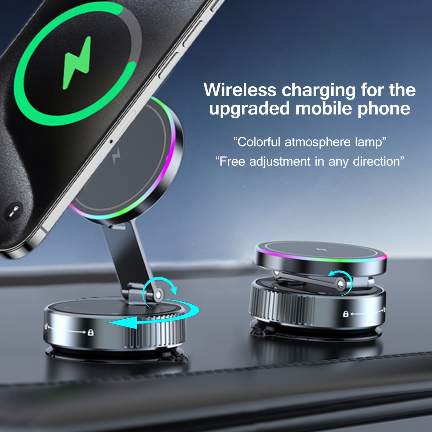 15W Wireless Charging Phone Holder/ Car Charger/Convenient And Fast Charging/Increasing Installation Ease + Colorful Light/Adjustable Phone Holder/ Magnetic Wireless Charging Phone Holder