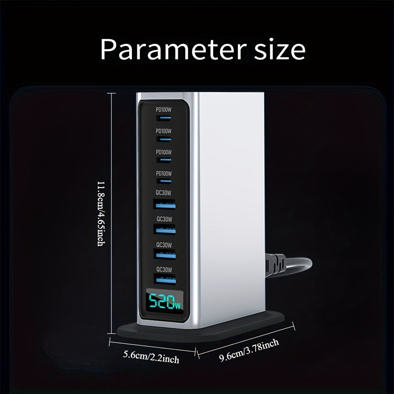 520W 8-Port GaN USB Charging Station with 2M Cable - Portable Fast Charger for MacBook Pro, iPad, iPhone 16/15/14, Samsung, and More - Travel Essentials (Silver)