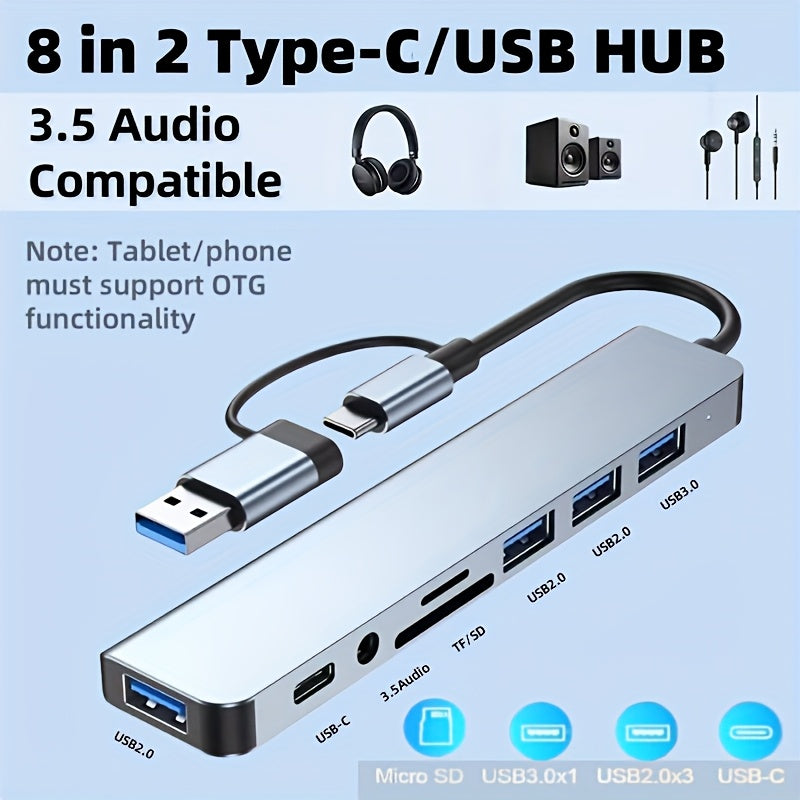 8-in-1 Multifunctional USB Hub with TF/SD Card Reader, 3.5mm Audio Output, USB-C & USB 3.0 Ports, 8-in-1 Design for MacBook Pro/for iPad Pro/HP, Durable Metal Construction, Stylish Home Office Setup for Professionals, Multifunctional Hub | Sleek Metal Hu