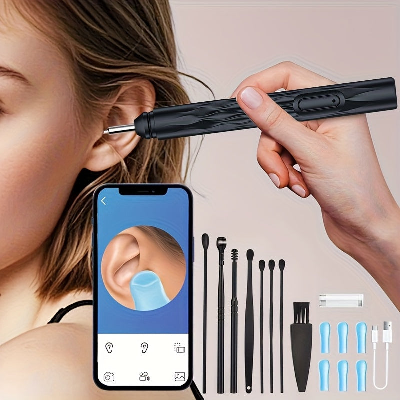 Earwax Remover Tool, Ear Wax Removal Kit with Camera and Light, Visual Ear Pick, 6 Silicone Tips Suitable for iOS and Android, 8pcs Ear Care Set, Easy and Safe Home Ear Cleaning Tool, Festival gift, birthday gift, Black