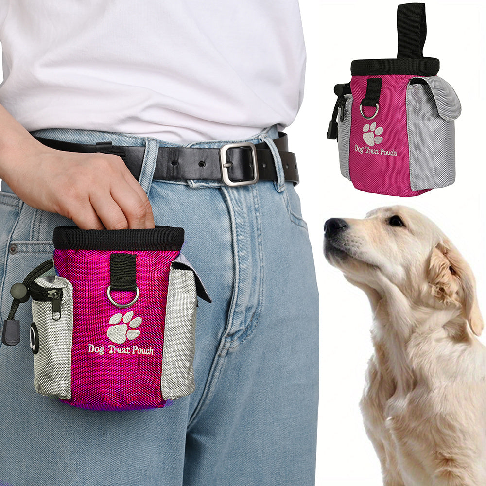 1pc BRAIDOL Large Capacity Dog Training Pouch with Built-in Garbage Bag Dispenser, Durable Polyester Clip & Hook Design, Paw Print Pattern - Easy to Carry Feeding Pouch for Dog Trainers & Pet Owners (Blue, Black, Rose), Dog Training Bag, Secure Zipper Cl
