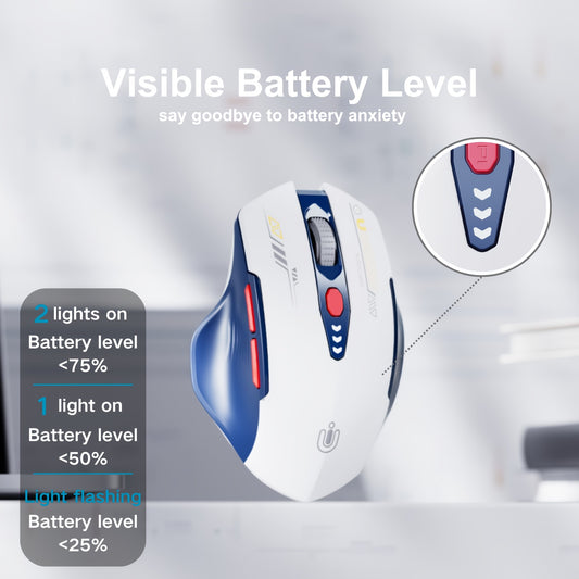 UINEER Ergonomic Wireless Mouse - Tri-Mode Rechargeable (BT 4.0, 5. White & Blue, Visible Battery Display, 6 Buttons, Durable Click, Rechargeable Lithium Battery, Type-C Charging, Ideal for Office & Study