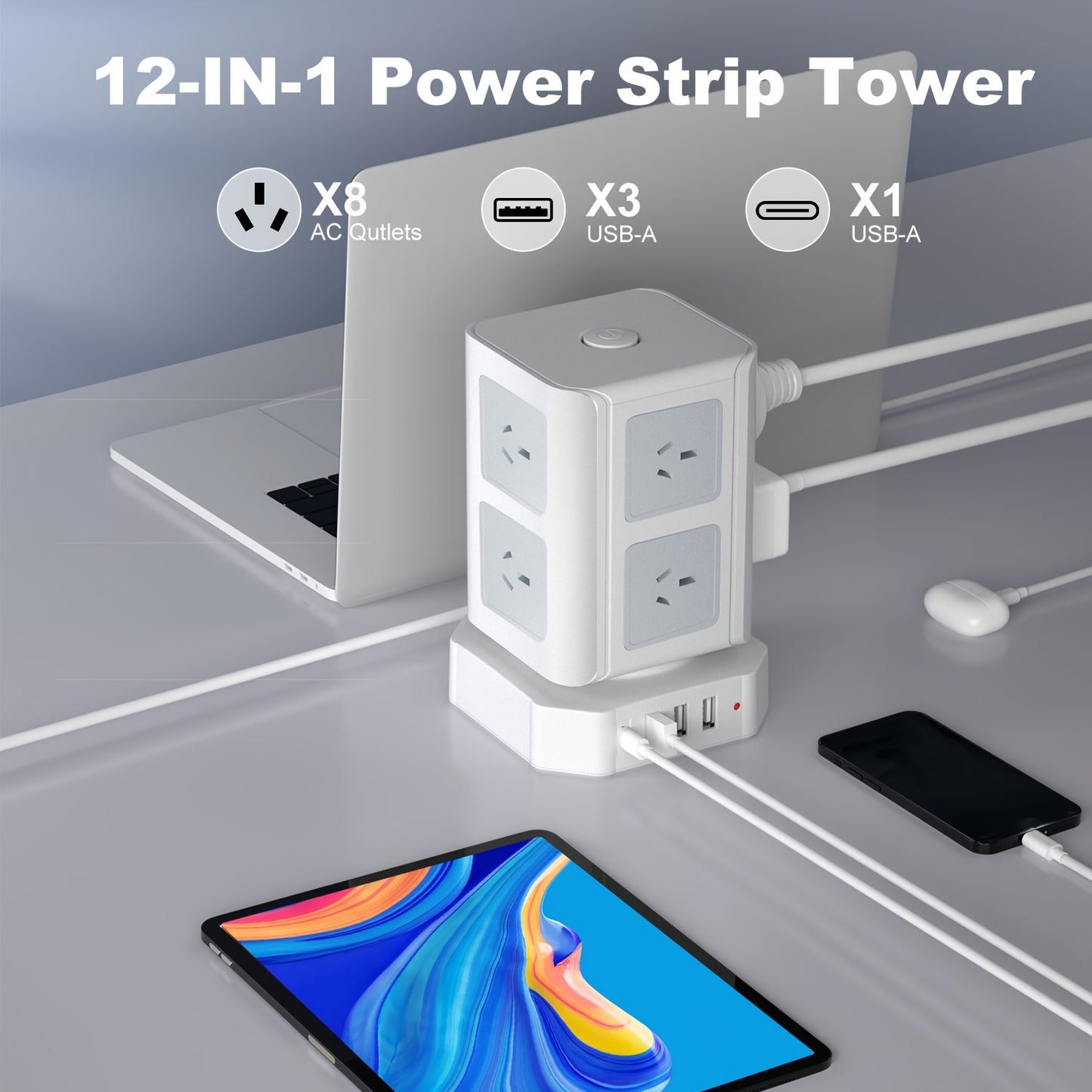 12-in-1 Australian Standard Surge Protector Power Strip with 8 AC Outlets & 4 USB Ports (Including 1*USB-C), 198.12cm Long Extension Cord, Overload Protection for Home, Office, Dorm