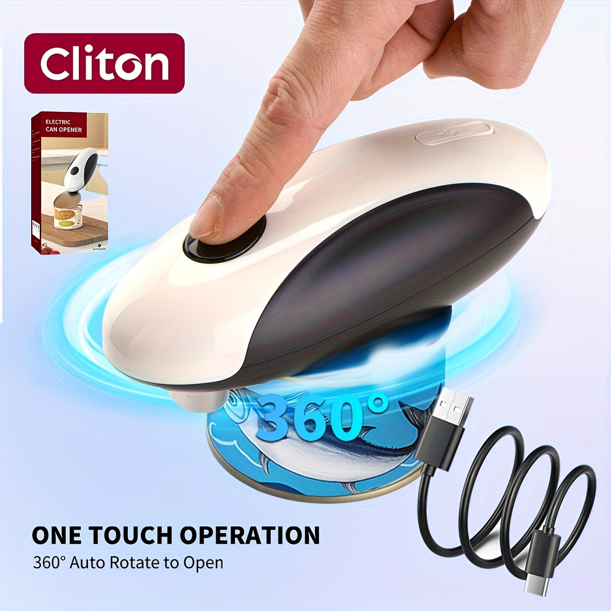 CLITON TurboCharge Cordless Can Opener - USB-C Rechargeable with 360° Auto-rotate One-Touch Operation, Smart Charging & Safe Edge Design, Ergonomic Grip - Perfect Gift for Moms/Grandparents (Christmas/Mother's Day/Birthday) - Holiday Kitchen Essential, S