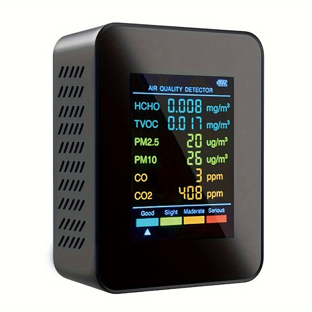 1pc 6-in-1 Premium Air Quality Monitor - Accurate CO2, CO, PM2.5, PM10, HCHO, TVOC Detector with Large LCD Display, Real-Time Gas Analyzer, USB Rechargeable, Compact Design for Home and Office Use, Indoor Air Quality Monitor