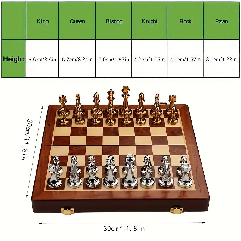 1 Set Yernea Vintage Chess Game Set, 29.97cm Folding Wooden Board, High-Quality Metal Zinc Alloy Pieces, Classic Strategy Game, Yellow and Grey, Creative Material