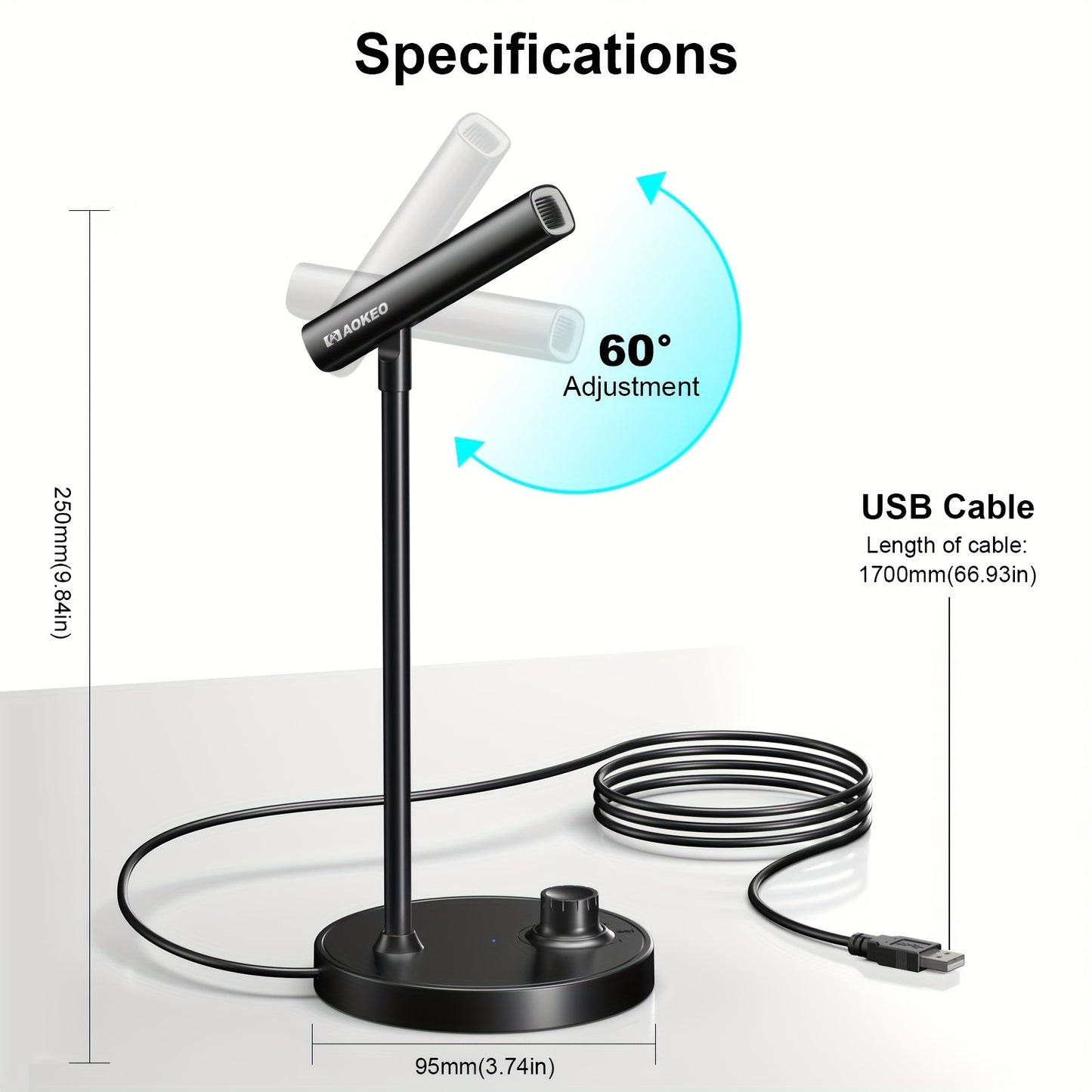 AOKEO USB Desktop Condenser Microphone with One-Button Recording/Mute, Volume Control, USB-C Connectivity for PC, Laptop, Video Conferencing, Gaming, and Live Streaming - Sleek Black Design, Desktop Recording | Stable Microphone | Flexible Neck Design