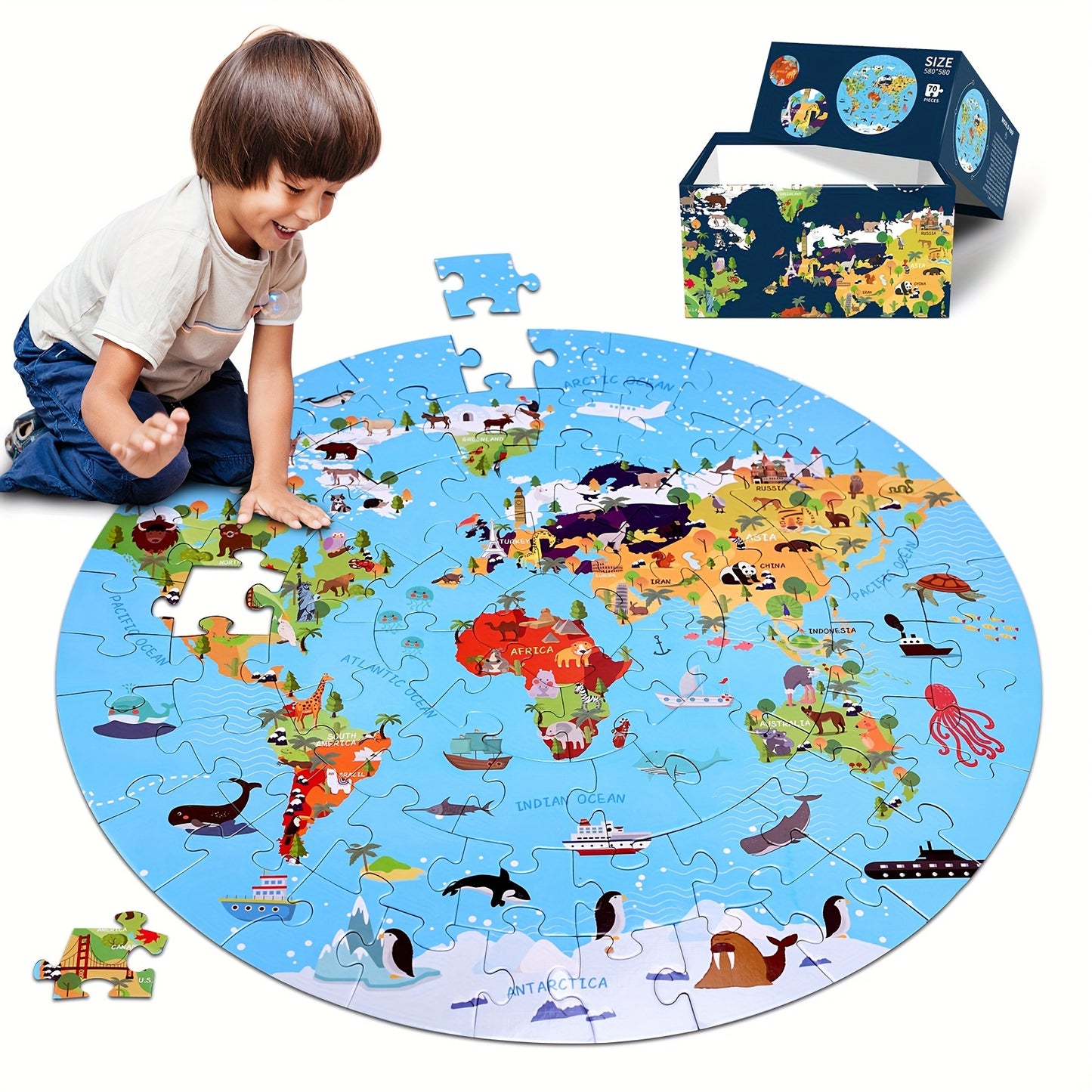 70pcs Animal Floor Puzzle – Educational Round Design with Vibrant Continents and Animal Patterns – Durable Blue Cardboard – Promotes Early Learning and Cognitive Development, Ideal for Family Bonding and Classroom Activities, Stimulates Kids' Curiosity a