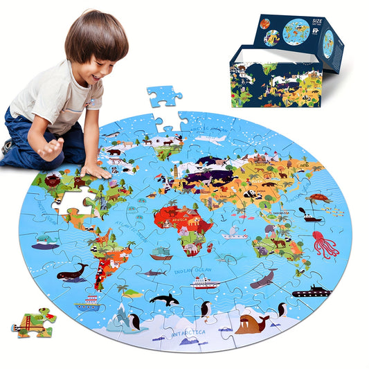70pcs Animal Floor Puzzle – Educational Round Design with Vibrant Continents and Animal Patterns – Durable Blue Cardboard – Promotes Early Learning and Cognitive Development, Ideal for Family Bonding and Classroom Activities, Stimulates Kids' Curiosity a