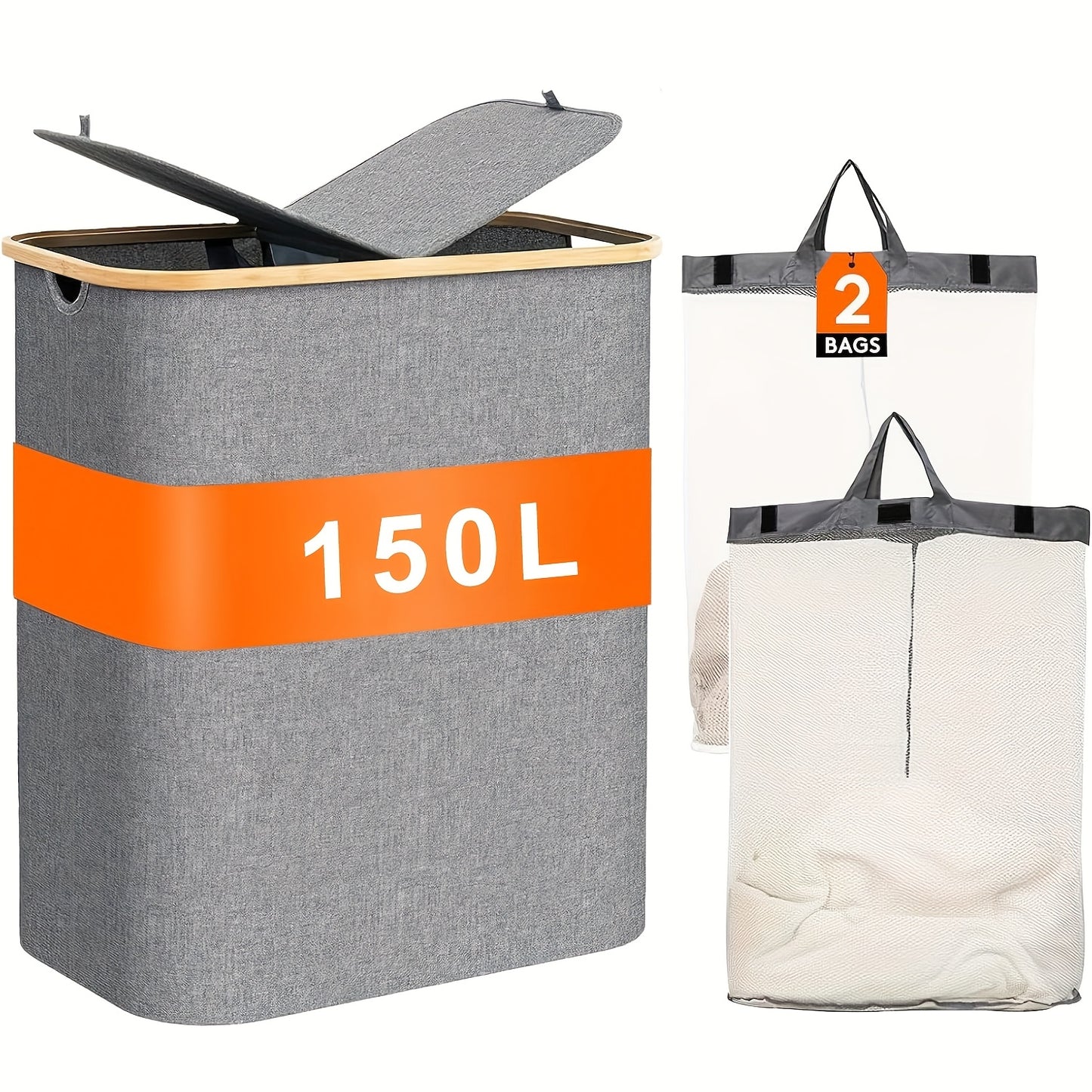1pc 2-Compartment Laundry Basket with Lid, 150L Dual Inner Bag Dirty Clothes Hamper, Spacious 2-Compartment Foldable Laundry Bin with Handle, High-End Storage Box Suitable for Laundry Room, Bathroom, and Dormitory, Laundry Baskets