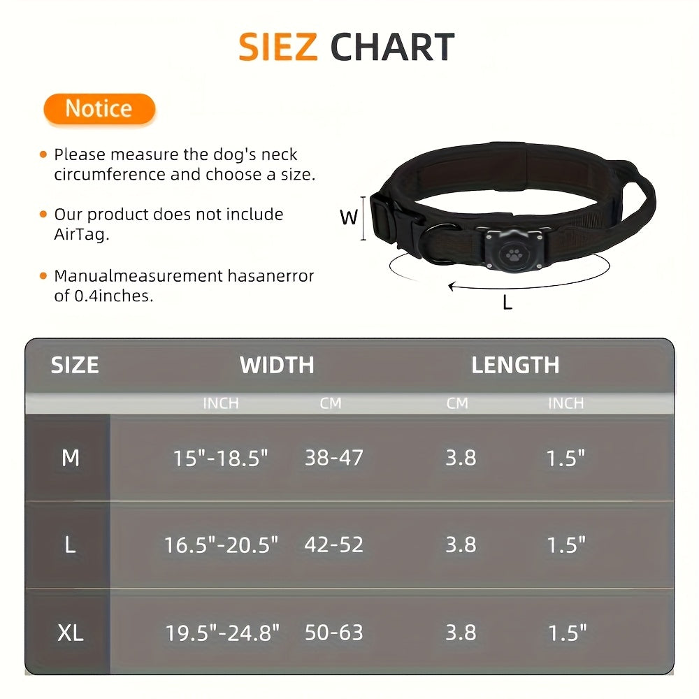 Durable Tactical Dog Collar with Integrated AirTag Holder - Heavy-Duty Polyamide Material, Solid Pattern, Comfortable Padded Design, Adjustable Handle, Secure Non-Charging Apple AirTag Compatible - Medium to Large Dogs