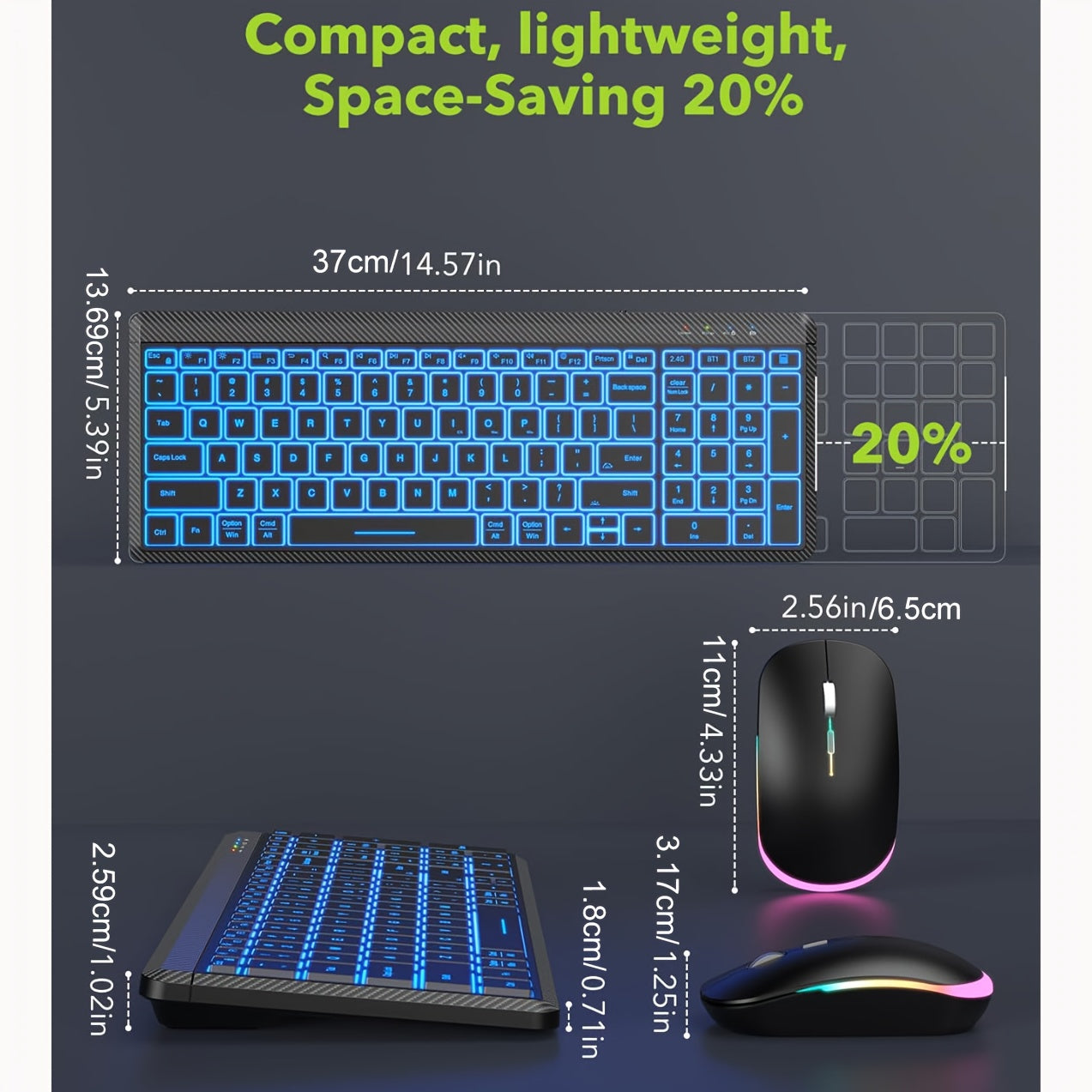 Wireless Wireless Mouse Keyboard Combo, Tri-Mode 7 Backlights RGB Backlit, Rechargable Mouse Adjustable DPI, Low Noise, Portable Keyboard Set for Computer Laptop Notebook