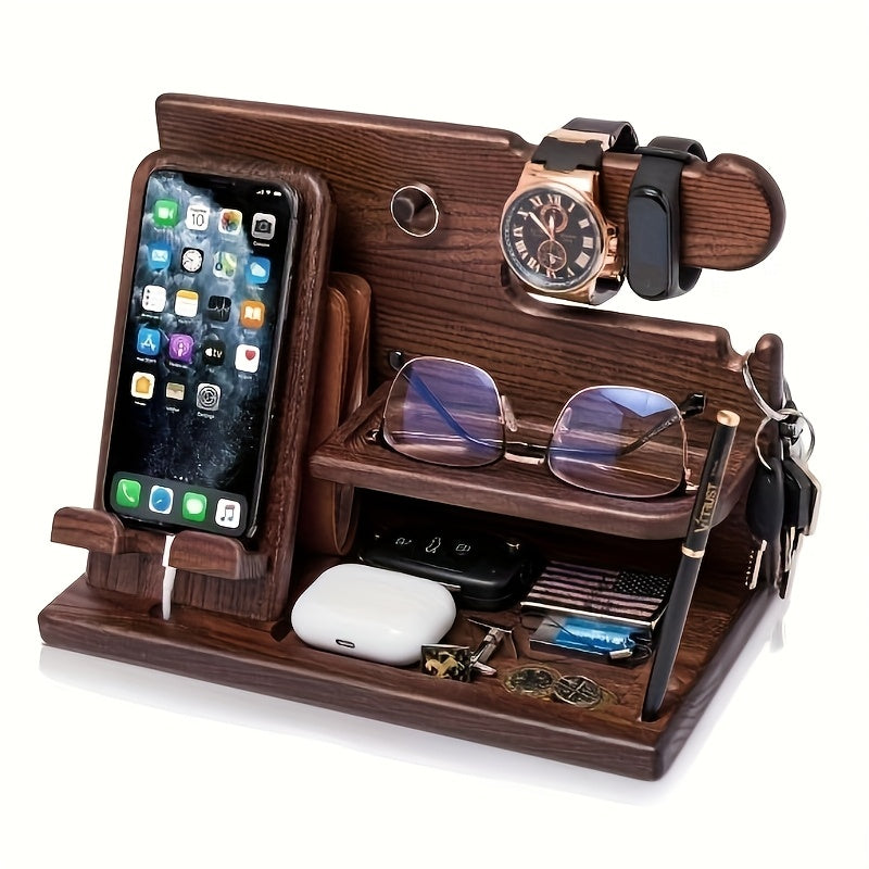 Solid Wood Phone Stand & Organizer for Men – Multifunctional Nightstand with Charging Cable Slot, Compartments for Wallets, Glasses, Watches & Keys – Perfect Gift for Dad, Husband, Boyfriend – Easy Assembly, Farmhouse Decor, Accessory Holder | Spring The