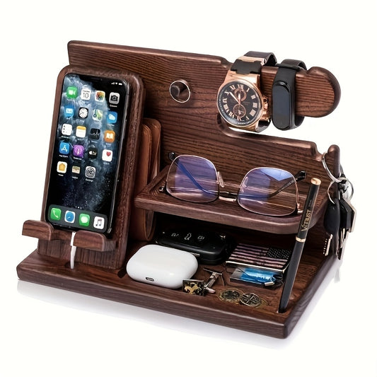 Solid Wood Phone Stand & Organizer for Men – Multifunctional Nightstand with Charging Cable Slot, Compartments for Wallets, Glasses, Watches & Keys – Perfect Gift for Dad, Husband, Boyfriend – Easy Assembly, Farmhouse Decor, Accessory Holder | Spring The