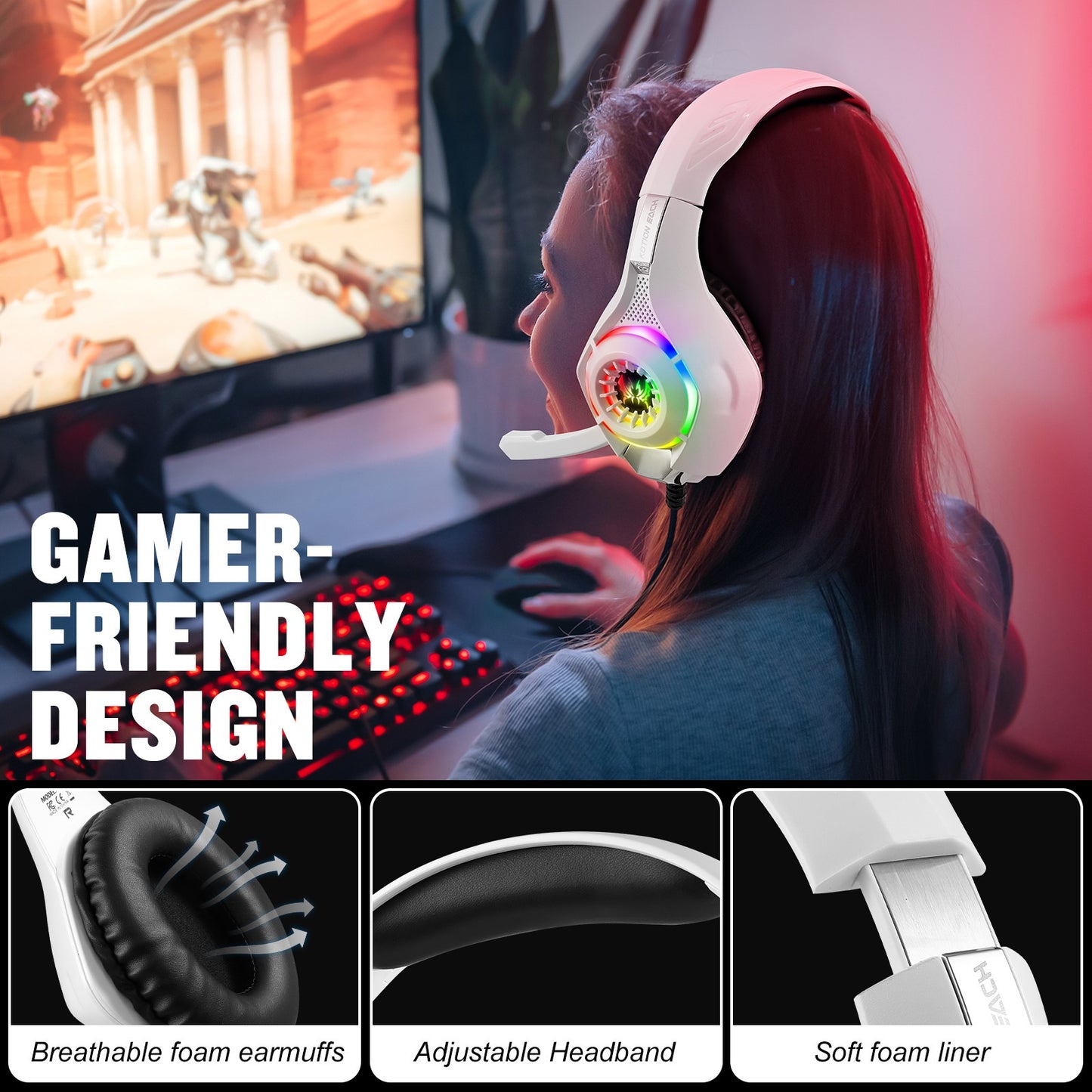 Loyyz GS410 Gaming Headset - Noise-Cancelling Over-Ear Headphones with LED Lights, Soft Memory Earmuffs, Surround Bass, Microphone, USB Power, 3.5mm Jack, Ideal for PS4, PC, Xbox One, PS5, Gaming Headset | LED Light Headphones | Soft Earmuffs Headphones