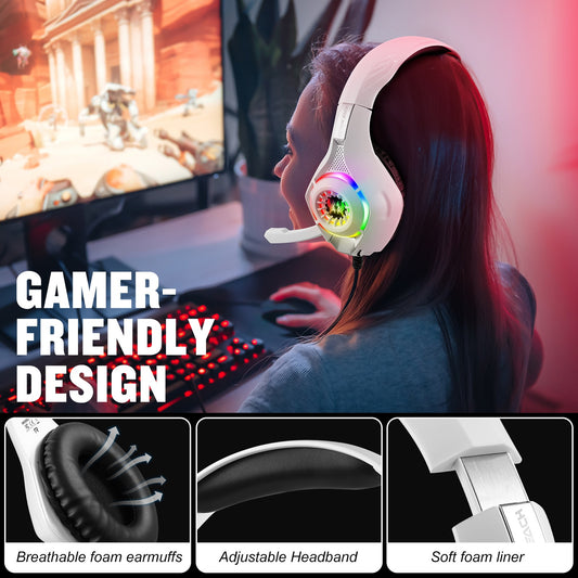 Loyyz GS410 Gaming Headset - Noise-Cancelling Over-Ear Headphones with LED Lights, Soft Memory Earmuffs, Surround Bass, Microphone, USB Power, 3.5mm Jack, Ideal for PS4, PC, Xbox One, PS5, Gaming Headset | LED Light Headphones | Soft Earmuffs Headphones