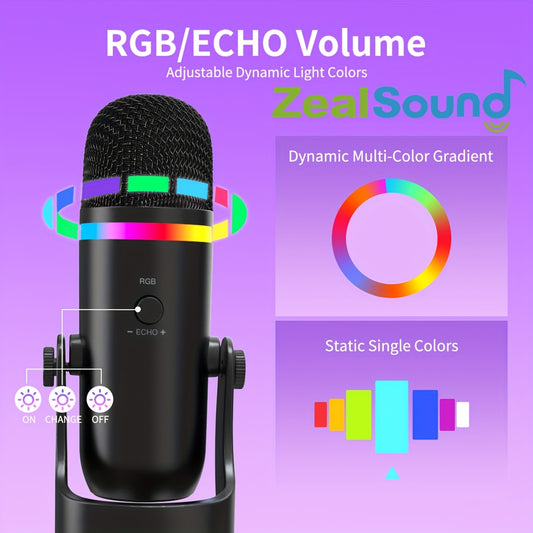 ZEALSound USB Microphone with RGB Lighting - Touch Control, Noise-Canceling, Gain & Echo Monitoring - Ideal for Streaming, Podcasting, PC, Mac, Windows, Type-C Devices - Blac