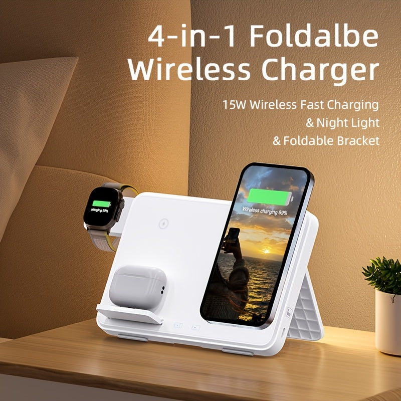 4in 1 Foldable Magnetic Wireless Charging Station with Night Light, Supports Charging Two Smartphones, for iPhone Apple Watch and, for Galaxy Watch and Buds