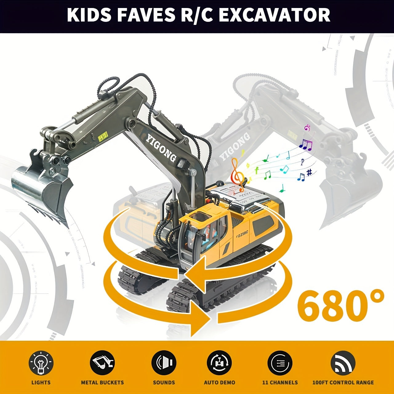 Remote Control Excavator Toy for Boys, for Kids 6 7 8 9 10 11 Year Old, RC Construction Toys with Metal Shovel, Lights, Sounds, 2.4Ghz, Turns 680 Degree - Bigger 1/18 Scale Toys