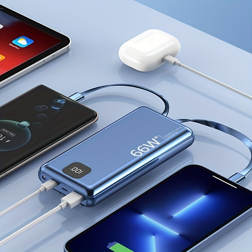 Blue 66W Fast Charge Power Bank, 20000mAh Built In 3 Cables, Slim USB C Portable Charger, LED Display Battery Pack with LED Emergency Lights, Compatible for iPhone, for Samsung, for Huawei, Tablets And Mor