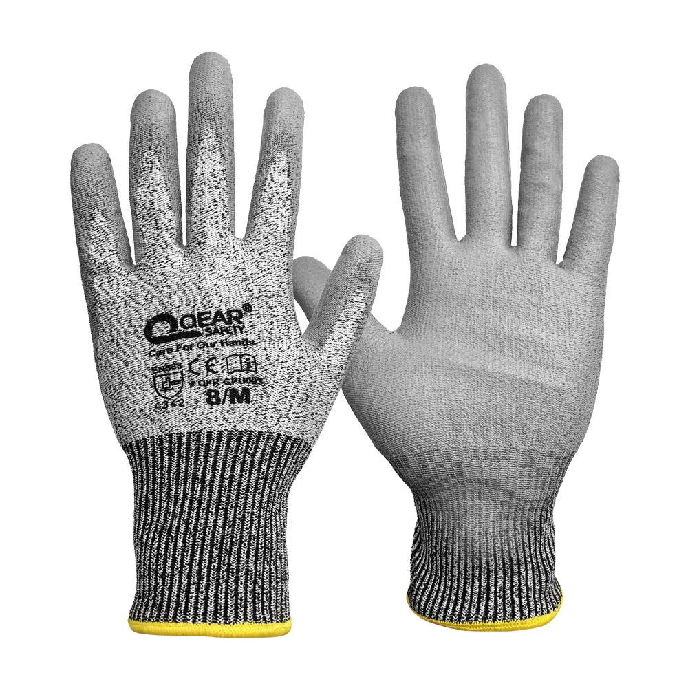 3 Pairs QearSafety Cut 3 HPPE Yarn Work Safety Gloves,Thin PU Palm Coated,Anti-slip,Dexterity Light-Weight, Assembling Jobs
