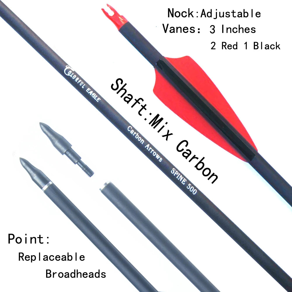Mix Carbon Arrow for Compound Recurve Bow, Shooting Archery Hunting 500 Spine, 28", 30", 31 ",3" plastic Red Black Feather