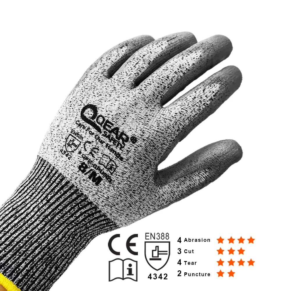3 Pairs QearSafety Cut 3 HPPE Yarn Work Safety Gloves,Thin PU Palm Coated,Anti-slip,Dexterity Light-Weight, Assembling Jobs