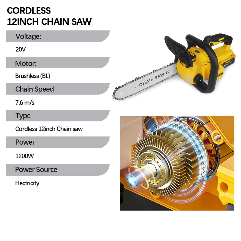 VIVSSO 12Inch Electric Chain Saw 1200W Handheld Woodworking Chain Saw Graden Pruning Tools For Dewalt 20V Battery Pins