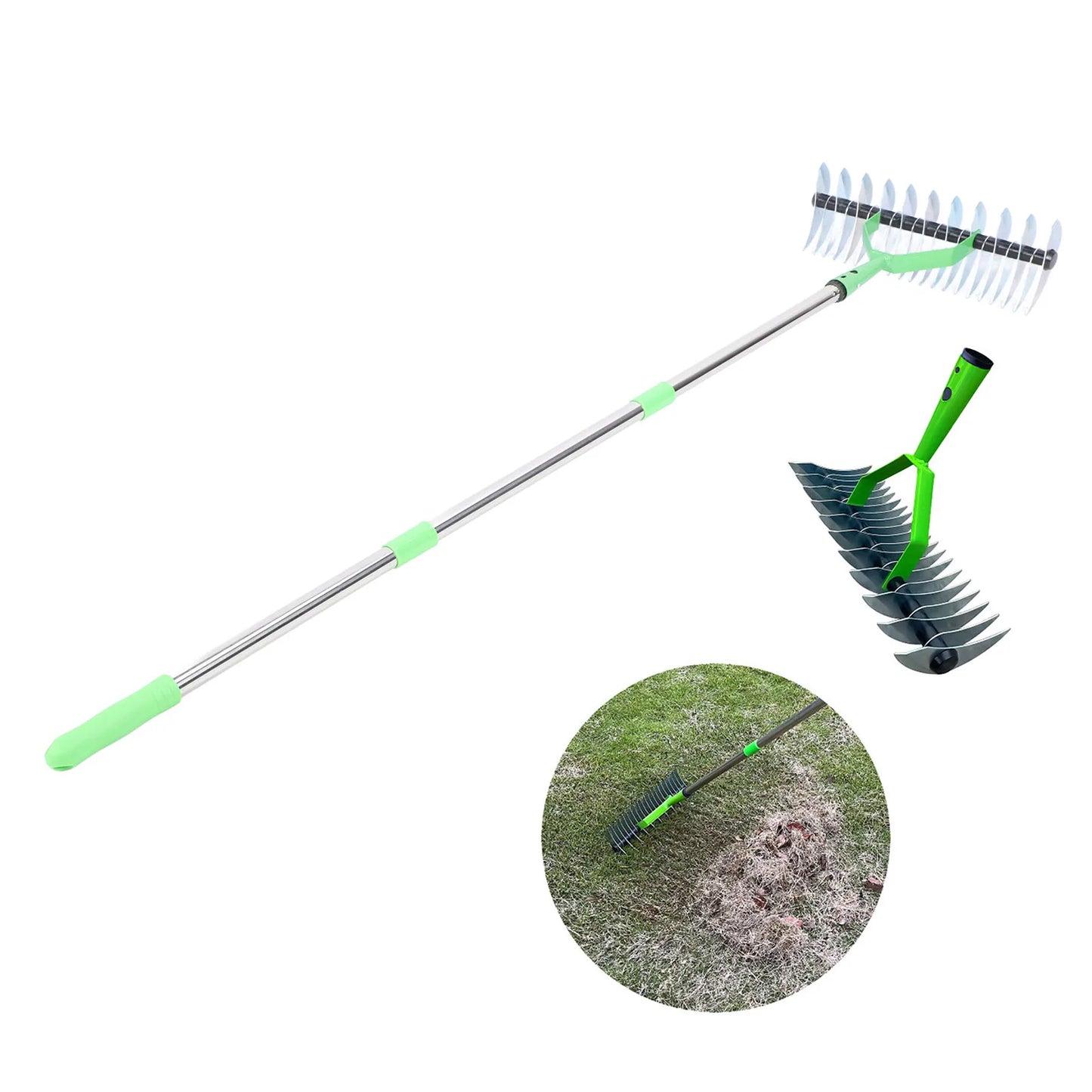 Thatch Rake 3 Sections Stainless Steel Dethatcher Lawn Rake Lawn Thatching Rake for Clearing Dead Grass