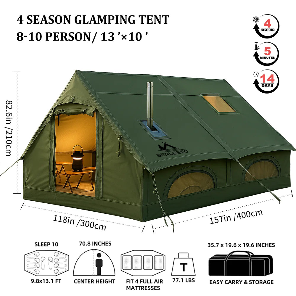 129 Square Feet Green Inflatable Camping Tent with Hand Pump,Waterproof Windproof Outdoor Blow up Tent with Chimney Stack