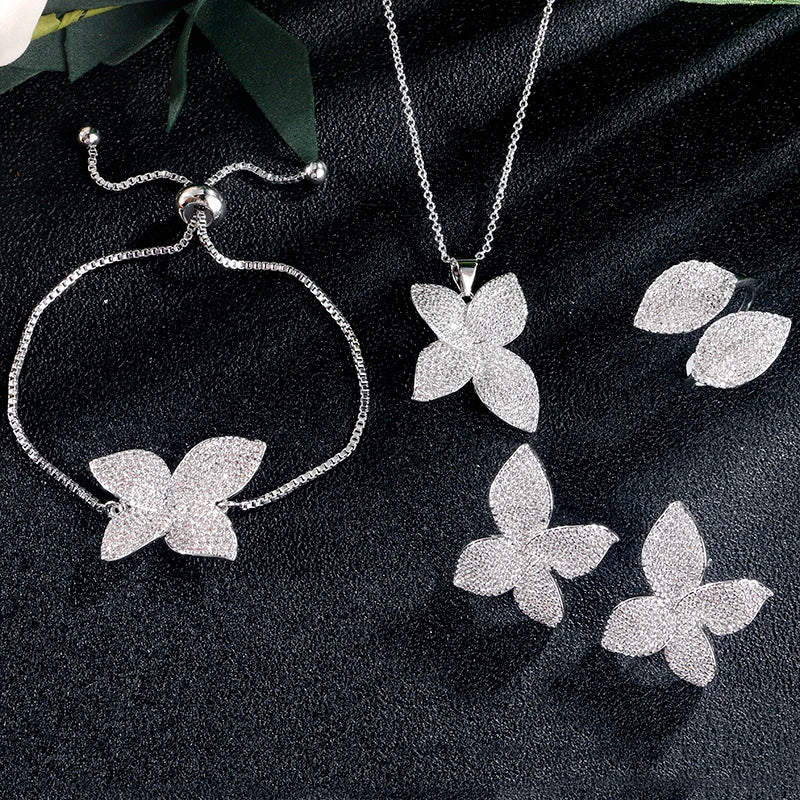 RAKOL Luxury Leaf Shape 4pcs Jewelry Sets Micro Pave Setting Cubic Zirconia Earrings Ring Necklace Bracelet Dubai Jewelry Set