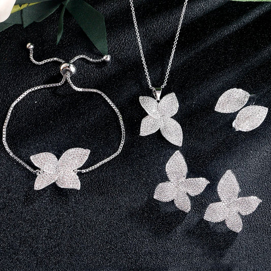 RAKOL Luxury Leaf Shape 4pcs Jewelry Sets Micro Pave Setting Cubic Zirconia Earrings Ring Necklace Bracelet Dubai Jewelry Set