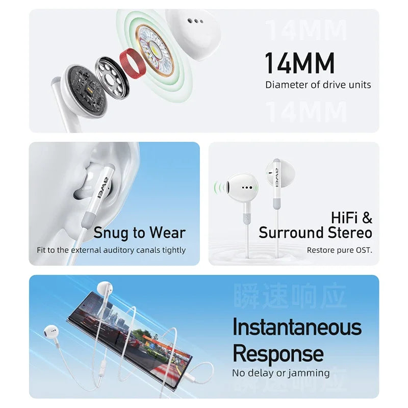 Awei  Wired Headphones In-Ear Headset Wired Earphones With Mic Volume Control Compatible For All Mobile Phones