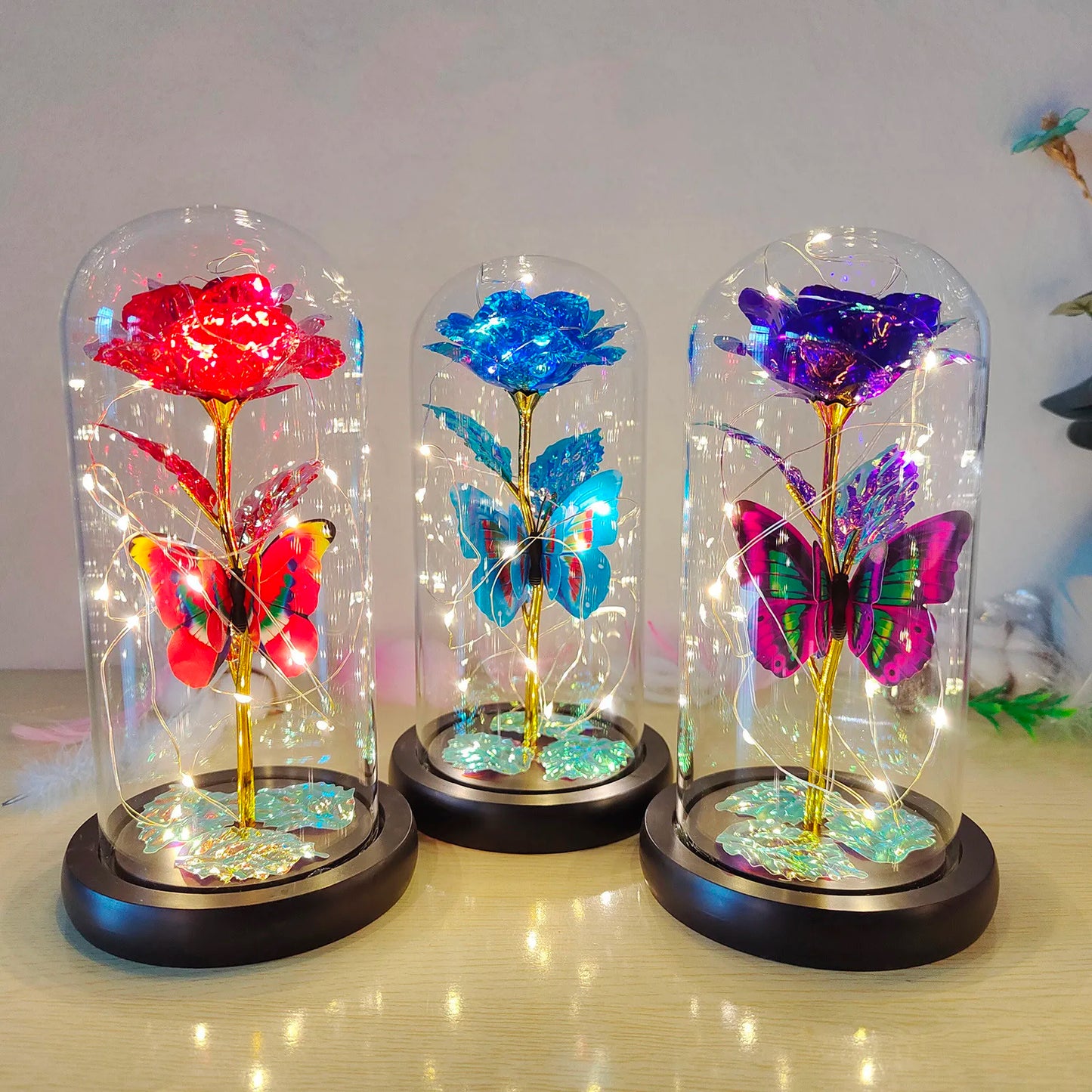 Rose Light Artificial Galaxy Rose Lamp with Butterfly and Colorful LED Rose Flowers In Glass Battery Powered Gifts for Women
