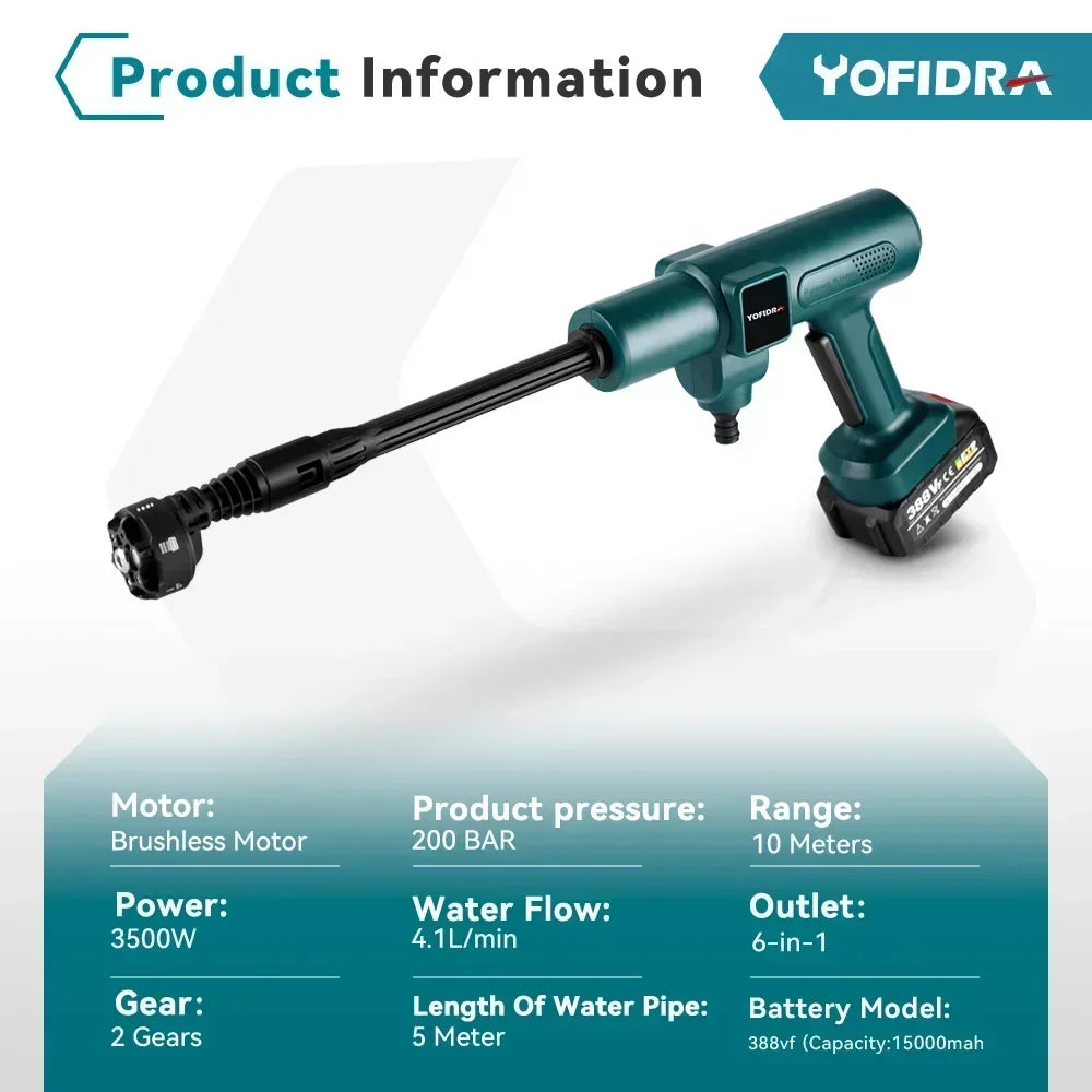 YOFIDRA 200Bar Brushless Electric Water Gun 6-in-1 Car Cleaning Garden Watering Suit Fit For Makita 18V Battery Pin Spray Gun
