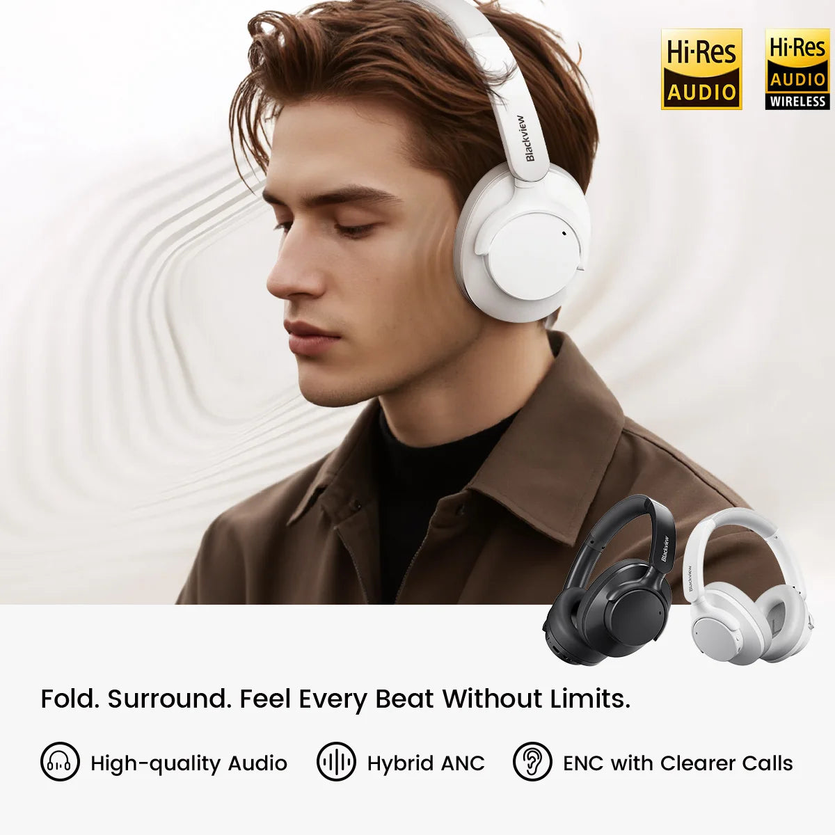 Blackview Fitbuds H1 Hybrid Active Noise Cancelling Headphones Bluetooth 5.4 Hi-Res Audio Over Ear Wireless Headset ANC With Mic