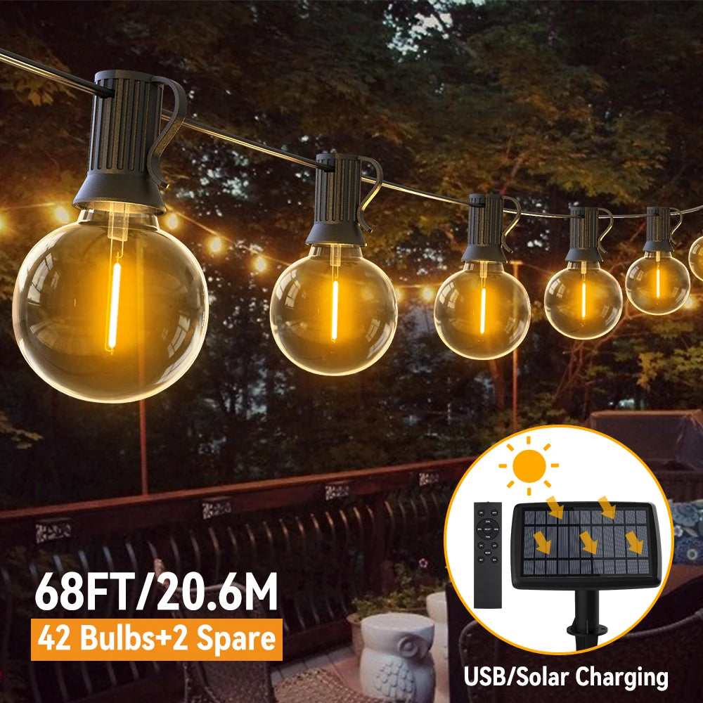 Solar String Lights Outdoor G40 Patio Lights Solar Powered Fairy Lights With Remote Weatherproof Hanging Lights For Holiday Back