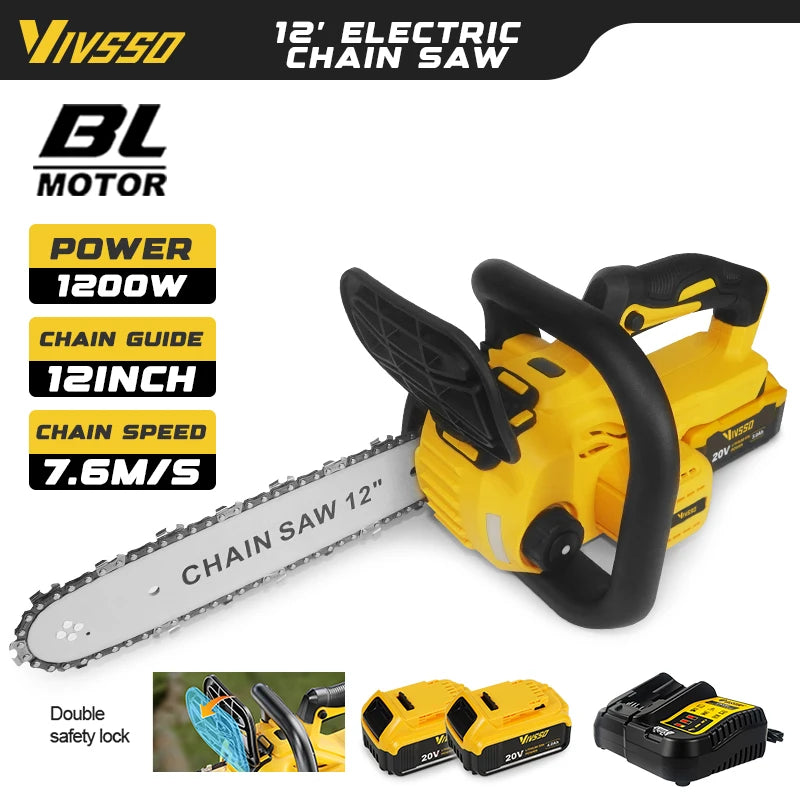 VIVSSO 12Inch Electric Chain Saw 1200W Handheld Woodworking Chain Saw Graden Pruning Tools For Dewalt 20V Battery Pins