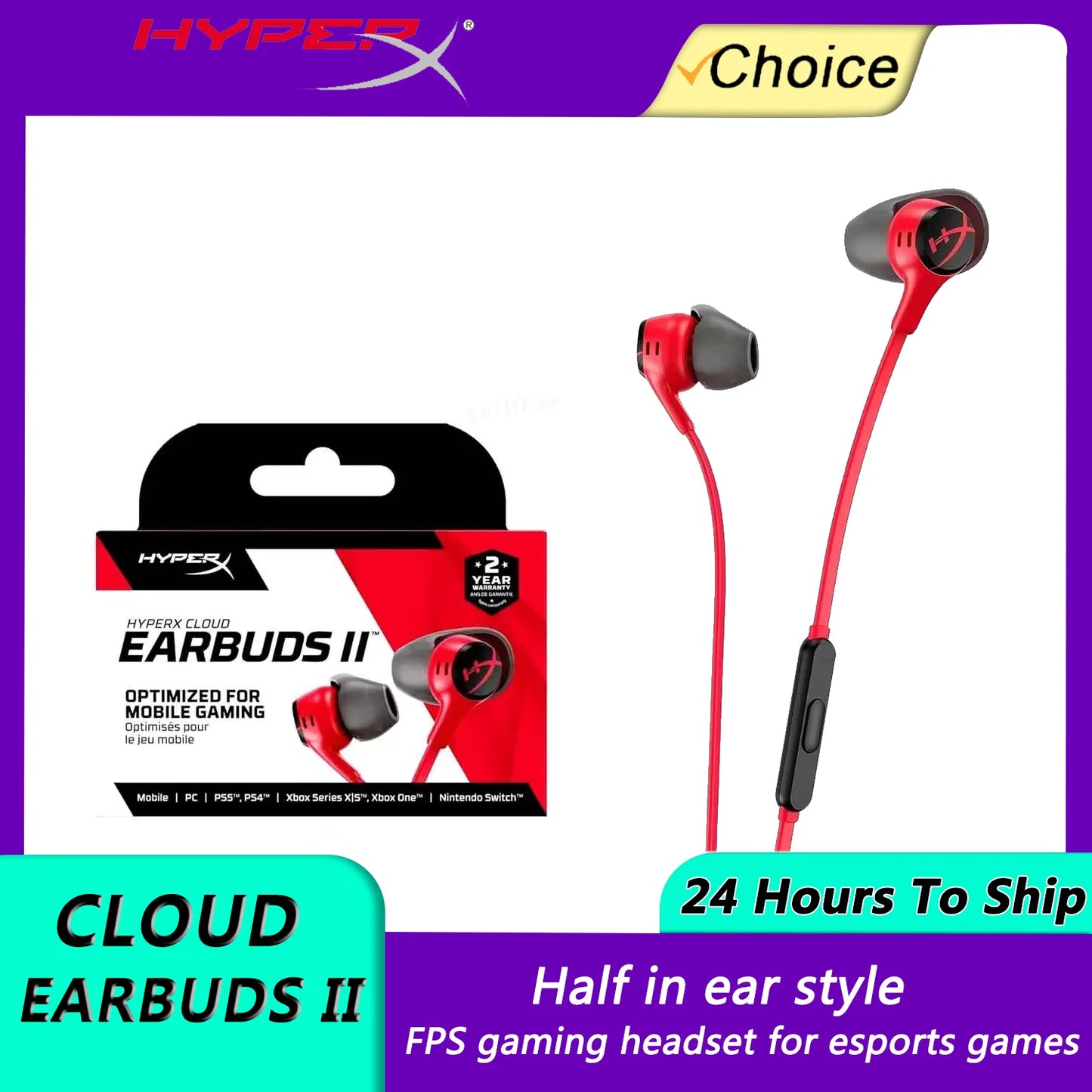 HyperX Cloud Earbuds II 2 Gaming Earphone With Mic Immersive Wired In-game Audio In-Ear Headphone For Phone PS4 PS5 Xbox Series