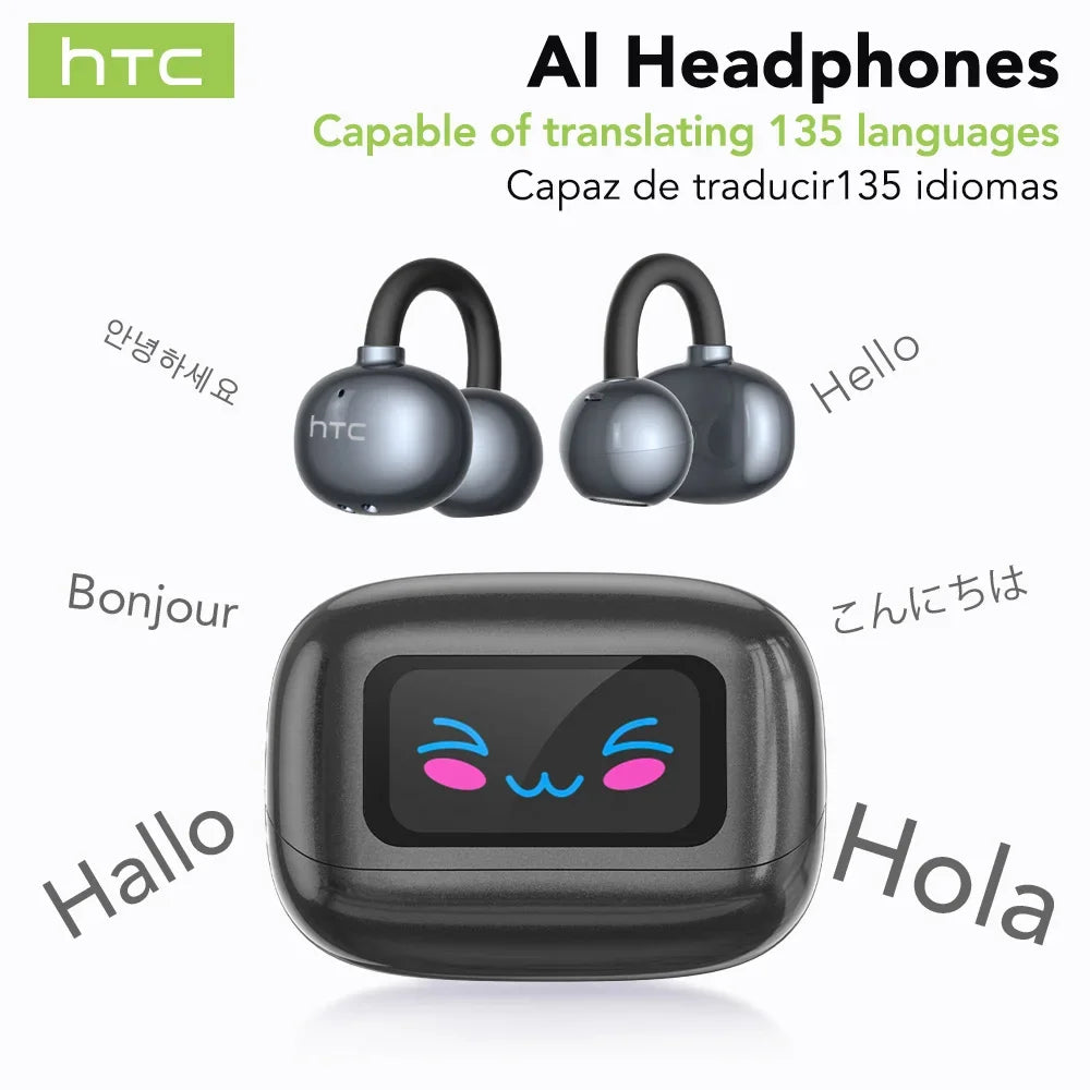 【HTC NE54】 Bluetooth V6.0 Earphones AI Translator LCD Screen Earbuds OWS Ear Clip Headphones Wireless Headphones Noise Reduction